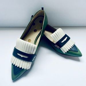Boden Bea Fringe Loafer Flats Shoes Green Navy White size 37